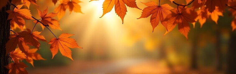 Wall Mural - Bright autumn leaves hanging from a tree branch, with a sunlit path in the background
