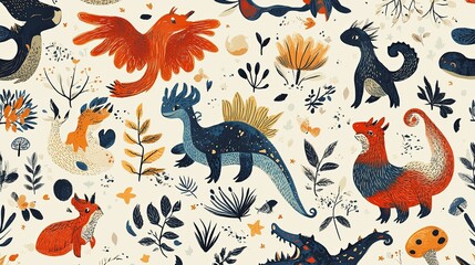 Wall Mural - Colorful Fantasy Creatures and Floral Motifs Seamless Pattern