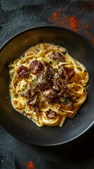 Wall Mural - Creamy Mushroom Pasta with Black Pepper and Herbs