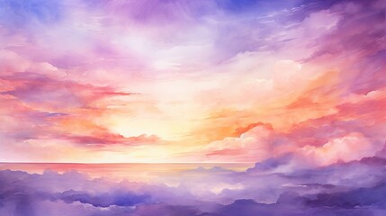 Poster - Watercolor Sunset Over a Purple Cloud Landscape