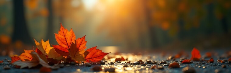 Wall Mural - Autumn leaves resting on a sunlit path, glowing in warm sunset light with a blurred forest background
