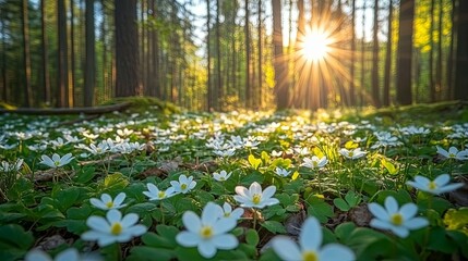 Poster - Sunlight filtering through trees illuminates a field of white wildflowers