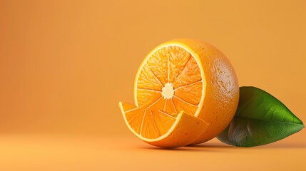 Wall Mural - A whole orange and an orange slice with a green leaf on an orange background.