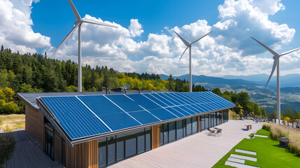 The sustainable building showcases solar panels on the roof and wind turbines nearby highlighting modern ecofriendly architecture in a natural setting