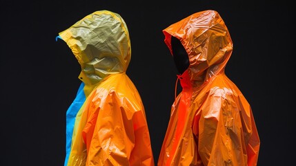 Two people in bright orange raincoats stand facing away from the camera.