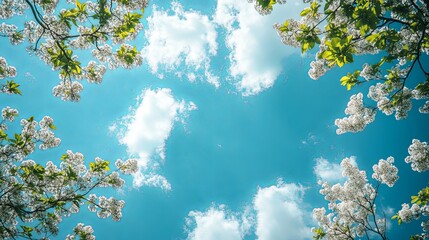 Poster - White Blossoms Against a Blue Sky with White Clouds