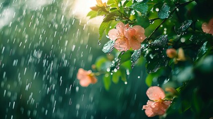 Wall Mural - Pink Flowers and Green Leaves in Rain