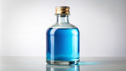 A transparent blue liquid fills this silver-capped, clear glass bottle to the brim, accompanied by a neatly wrapped