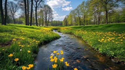 Poster - Stream Flowing Through a Meadow of Yellow Flowers in a Forest