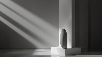 Sticker - A single gray vase on a white platform with sunbeams casting shadows on the wall.