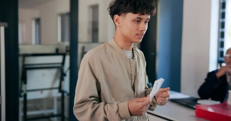 Aufkleber - Cards, education and speech with teen boy in classroom of university for oral presentation. Reminder, study and thinking with student speaking to class at college or school for lecture or lesson