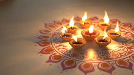 Diwali diya oil lamps with flowers holiday background. Creating a festive and decorative composition.