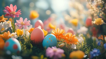 Wall Mural - Easter Eggs Nestled Amongst Springtime Flowers