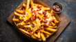 © Studios - Delicious loaded fries topped with crispy bacon and melted cheese served in a disposable tray creating an enticing culinary treat perfect for sharing