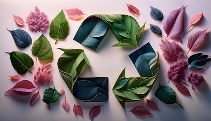 3D render of colorful leaves arranged in the form of recycling symbols on a white background. Concept of recycling, nature and ecology.