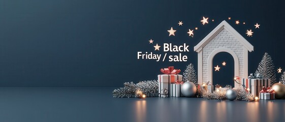 Stylish Black Friday sale display featuring a decorative house, gifts, and festive decorations in a modern setting.