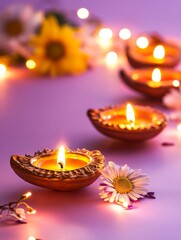 Diwali diya oil lamps with flowers holiday background. Creating a festive and decorative composition.