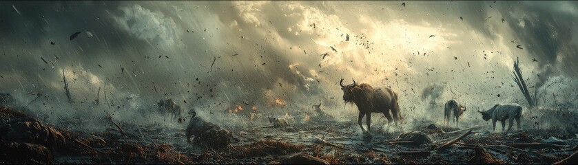 Storm-induced panic among wildlife, fleeing from environmental devastation, intense weather and destruction, high-resolution details of animal behavior, dramatic atmosphere, copy space for