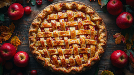 Wall Mural - A freshly baked apple pie, surrounded by fall foliage and ripe apples.