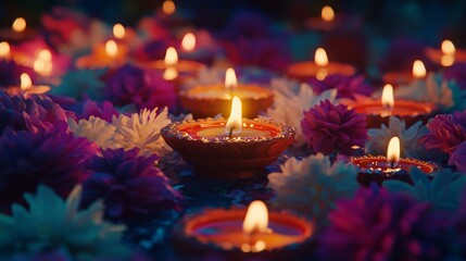 Diwali diya oil lamps with flowers holiday background. Creating a festive and decorative composition.