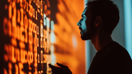 Wall Mural - numbers light projected on a wall mounted projector screen, over a candid man speaking, AI Generative