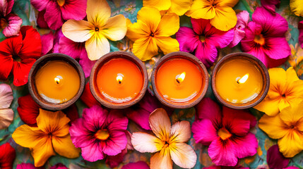 Diwali diya oil lamps with flowers holiday background. Creating a festive and decorative composition.