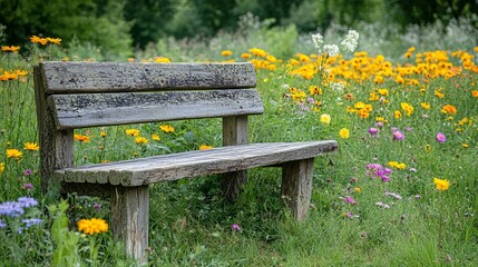 Wall Mural - Weathered Wooden Bench in a Wildflower Meadow