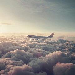 Wall Mural - Passengers commercial airplane flying above clouds, AI Generative