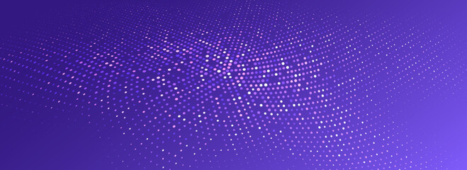 Poster - Purple glowing dotted texture. Abstract dot grid wallpaper. Curved halftone pattern background. Vector violet backdrop for technology, business, science, healthcare, medicine, presentation design