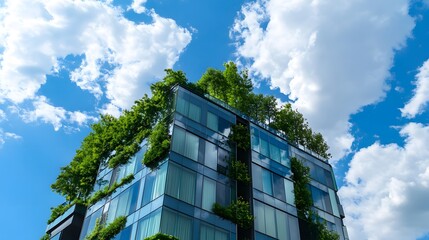 Modern Glass Building with Green Trees Growing on the Side. This Innovative Structure Highlights the Integration of Nature and Urban Development for a Greener Future