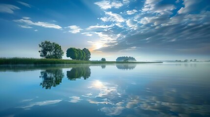 Wall Mural - A peaceful, tranquil scene of a lake reflecting the clouds and sky.