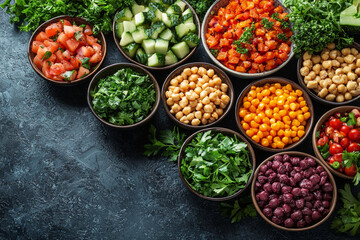 Colorful bowls of fresh ingredients ready for a delicious salad.