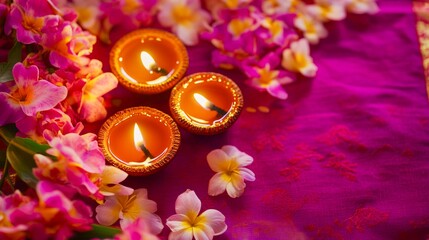 Diwali diya oil lamps with flowers holiday background. Creating a festive and decorative composition.