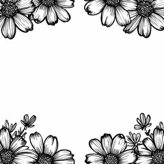 Floral Frame: Hand-drawn black and white floral frame, elegant and versatile for invitations, cards, and designs. Perfect for adding a touch of nature to any project.  