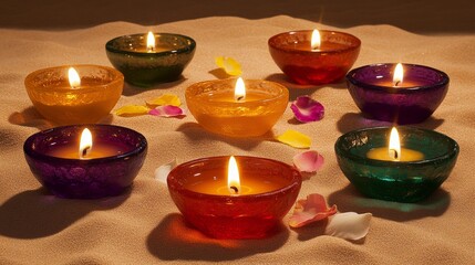 Diwali diya oil lamps with flowers holiday background. Creating a festive and decorative composition.