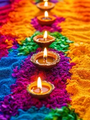 Diwali diya oil lamps with flowers holiday background. Creating a festive and decorative composition.