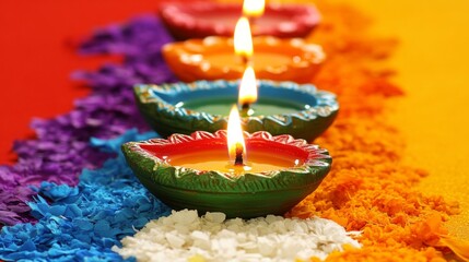 Diwali diya oil lamps with flowers holiday background. Creating a festive and decorative composition.