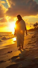 Wall Mural - realistic highly detailed Jesus walking in beach morning sun rise, AI Generative