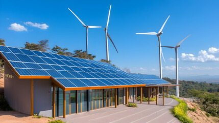 The sustainable building showcases solar panels on the roof and wind turbines nearby highlighting modern ecofriendly architecture in a natural setting