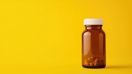 A clear brown bottle filled with capsules on a vibrant yellow background, representing health and wellness.