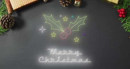 Wall Mural - Animation of merry christmas text over christmas decorations