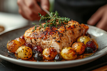 Wall Mural - Close-up of a delicious roasted chicken breast served with roasted potatoes and cranberries.