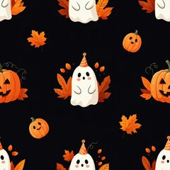 ghosts, pumpkins, autumn leaves, seamless pattern, Halloween background, cartoon style, vector illustration, cute spooky characters, black background with orange and white elements