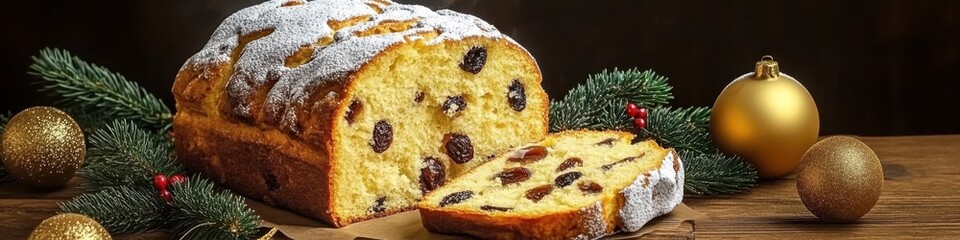 Wall Mural - A rustic wooden table, Christmas decorations like golden baubles and pine branches, a dusting of powdered sugar on a traditional Italian panettone cake sliced open to reveal its dotted dried fruit int