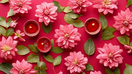 Diwali diya oil lamps with flowers holiday background. Creating a festive and decorative composition.