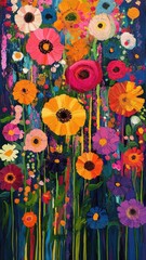 Sticker - flower garden depicted in abstract expressionism style with bold, dynamic colors, energetic brushstr