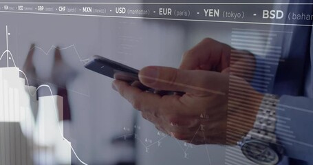 Poster - Animation of data processing and diagrams over biracial man using smartphone