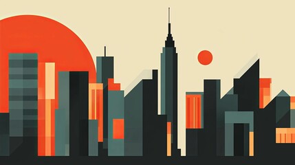 Poster - Abstract Geometric Cityscape with Red Sun and Tall Buildings