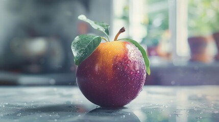 Wall Mural - A close-up photograph of a shiny, purple apple in a glass filled with water,