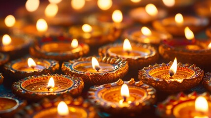 Diwali diya oil lamps with flowers holiday background. Creating a festive and decorative composition.